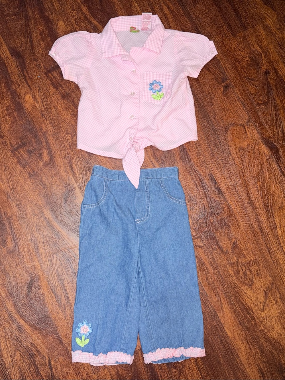Girls' Pink Gingham Tie-Front Top & Denim Pants Set